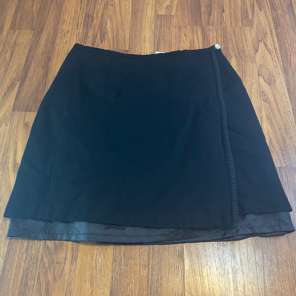 Eddie Bauer Wool Mini Skirt Womens 18 Black Wrap Layered Hem Lined Office